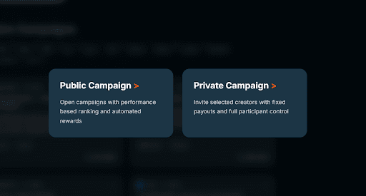 Public Campaign and Private Campaign cards: open campaigns with performance-based ranking; invite selected creators with fixed payouts.